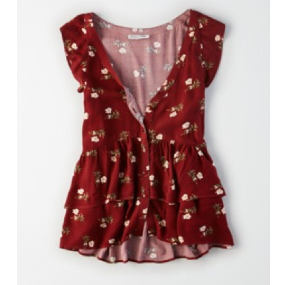 Button Front Ruffle Floral Sleeveless Blouse